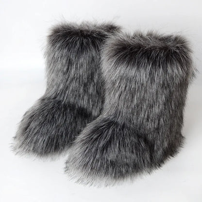 Women's Winter Snow Boots Outdoor Luxury Furry Faux Fox Fur Boots Woman Plush Warm Platform Shoes New Fashion Bottes Big Size 46 - ZOOMNSTORE