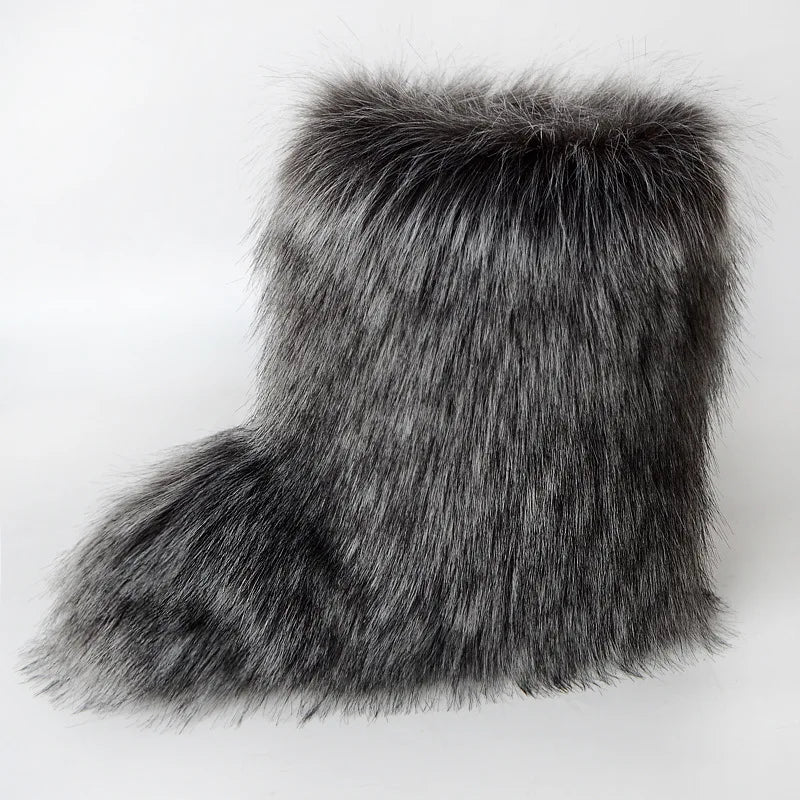 Women's Winter Snow Boots Outdoor Luxury Furry Faux Fox Fur Boots Woman Plush Warm Platform Shoes New Fashion Bottes Big Size 46 - ZOOMNSTORE