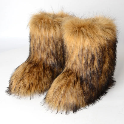 Women's Winter Snow Boots Outdoor Luxury Furry Faux Fox Fur Boots Woman Plush Warm Platform Shoes New Fashion Bottes Big Size 46 - ZOOMNSTORE