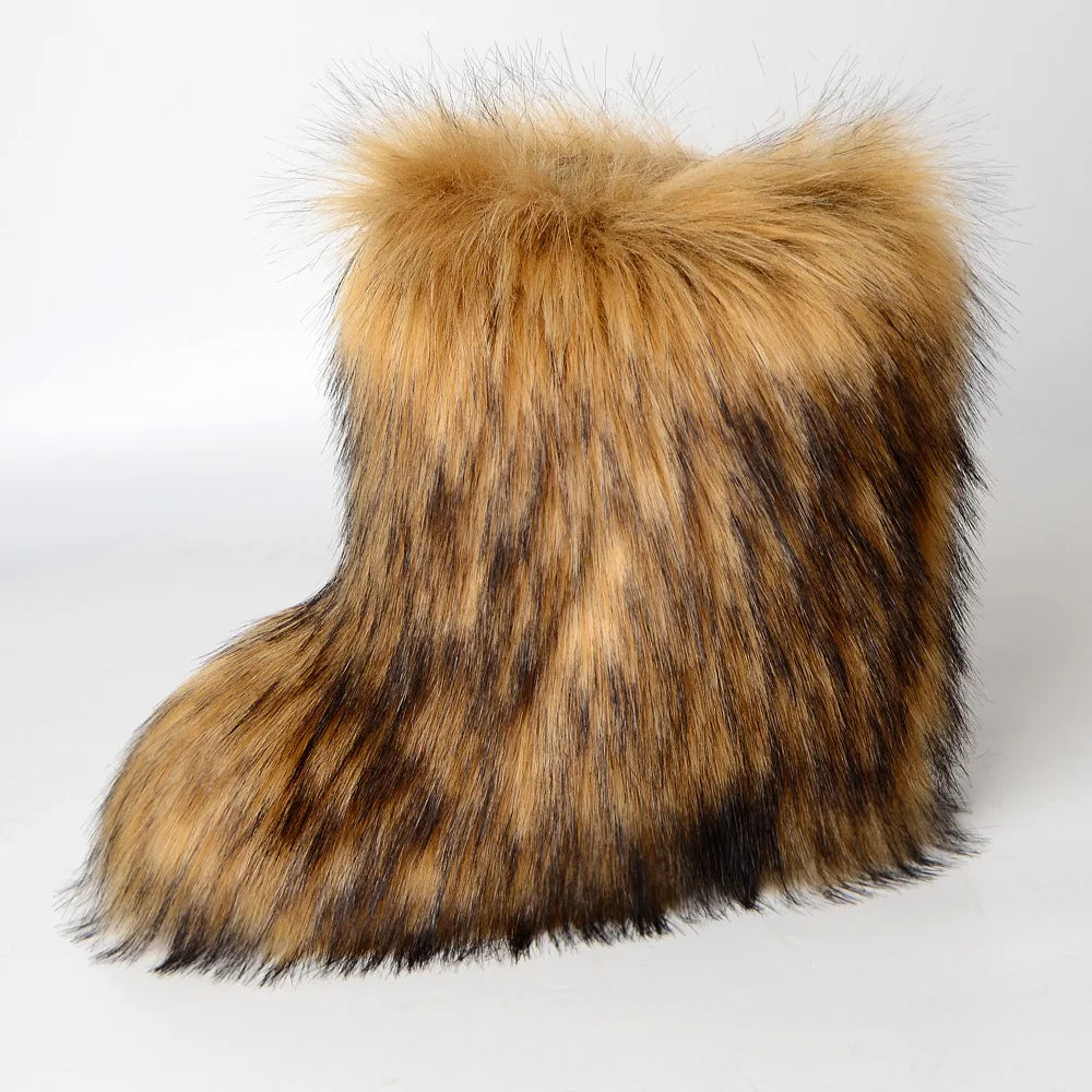 Women's Winter Snow Boots Outdoor Luxury Furry Faux Fox Fur Boots Woman Plush Warm Platform Shoes New Fashion Bottes Big Size 46 - ZOOMNSTORE