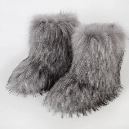Women's Winter Snow Boots Outdoor Luxury Furry Faux Fox Fur Boots Woman Plush Warm Platform Shoes New Fashion Bottes Big Size 46 - ZOOMNSTORE