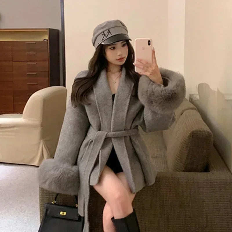 Women's Wool Coat – Casual Autumn Winter Jacket With Fur Patchwork & Pockets Lace-Up Detail - ZOOMNSTORE