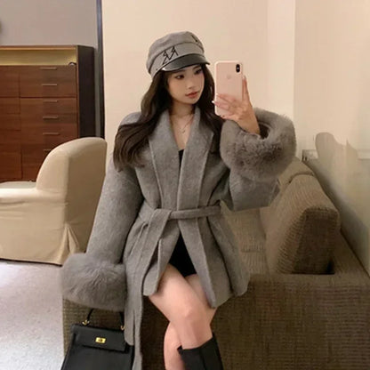 Women's Wool Coat – Casual Autumn Winter Jacket With Fur Patchwork & Pockets Lace-Up Detail - ZOOMNSTORE