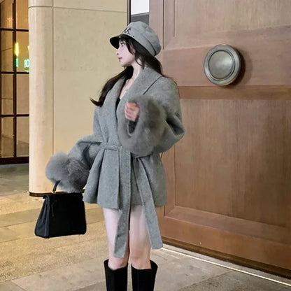 Women's Wool Coat – Casual Autumn Winter Jacket With Fur Patchwork & Pockets Lace-Up Detail - ZOOMNSTORE