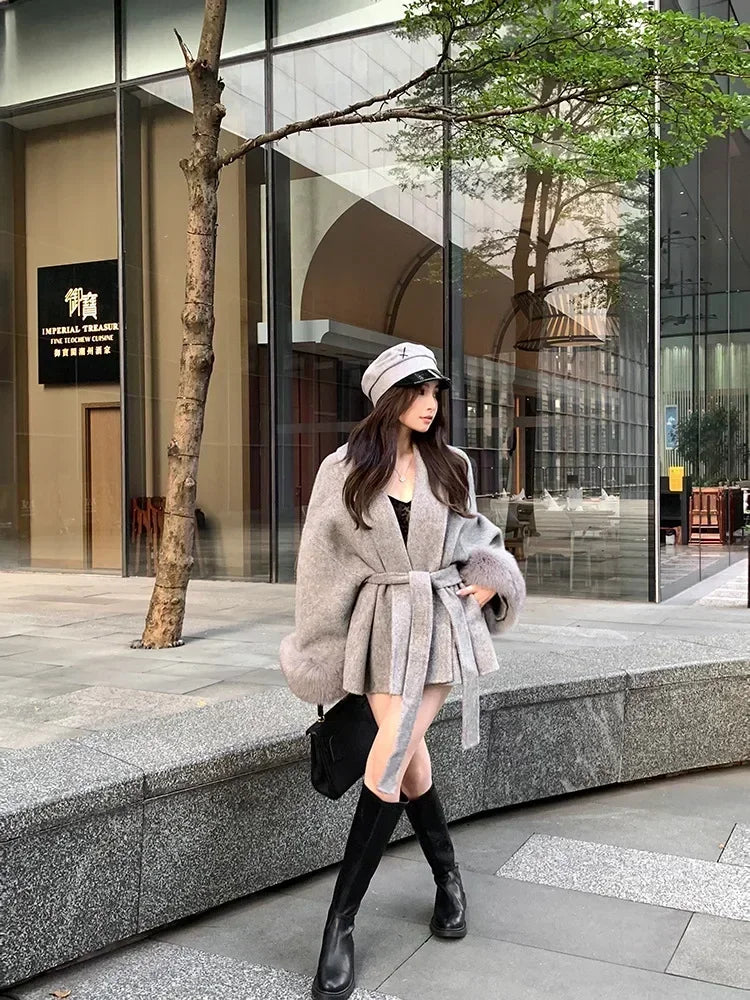 Women's Wool Coat – Casual Autumn Winter Jacket With Fur Patchwork & Pockets Lace-Up Detail - ZOOMNSTORE