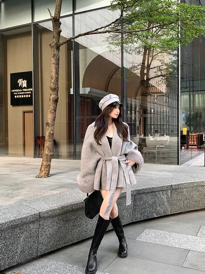 Women's Wool Coat – Casual Autumn Winter Jacket With Fur Patchwork & Pockets Lace-Up Detail - ZOOMNSTORE