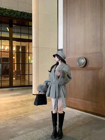 Women's Wool Coat – Casual Autumn Winter Jacket With Fur Patchwork & Pockets Lace-Up Detail - ZOOMNSTORE