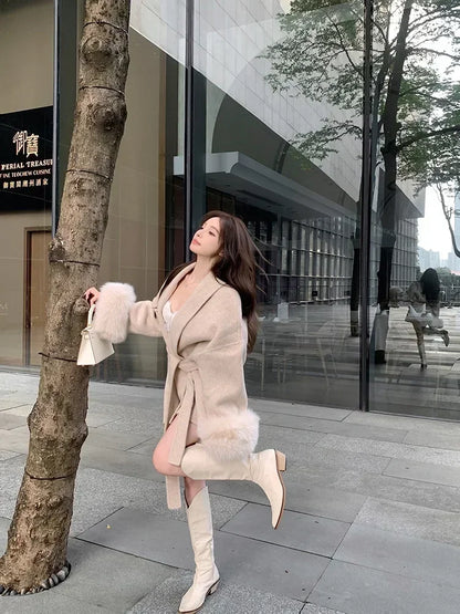 Women's Wool Coat – Casual Autumn Winter Jacket With Fur Patchwork & Pockets Lace-Up Detail - ZOOMNSTORE