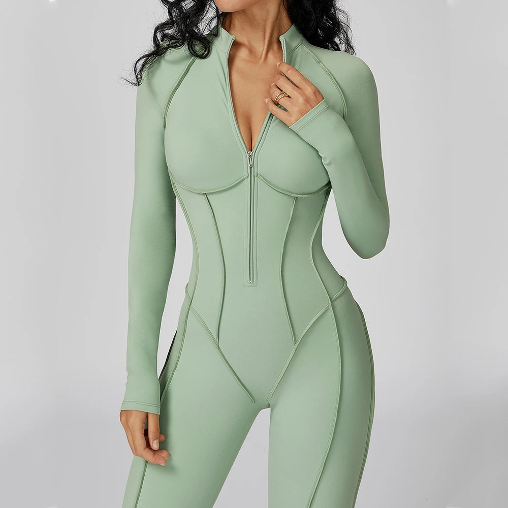 Women's Yoga Bodysuit - Long Sleeve Tracksuit Gym Zipper Suit, Breathable Fitness Jumpsuit - ZOOMNSTORE