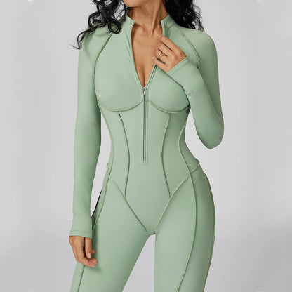Women's Yoga Bodysuit - Long Sleeve Tracksuit Gym Zipper Suit, Breathable Fitness Jumpsuit - ZOOMNSTORE