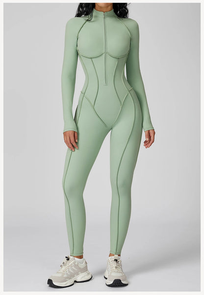 Women's Yoga Bodysuit - Long Sleeve Tracksuit Gym Zipper Suit, Breathable Fitness Jumpsuit - ZOOMNSTORE
