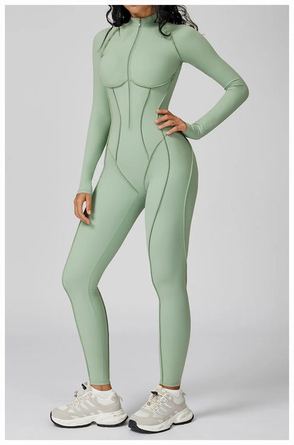 Women's Yoga Bodysuit - Long Sleeve Tracksuit Gym Zipper Suit, Breathable Fitness Jumpsuit - ZOOMNSTORE