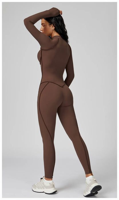 Women's Yoga Bodysuit - Long Sleeve Tracksuit Gym Zipper Suit, Breathable Fitness Jumpsuit - ZOOMNSTORE