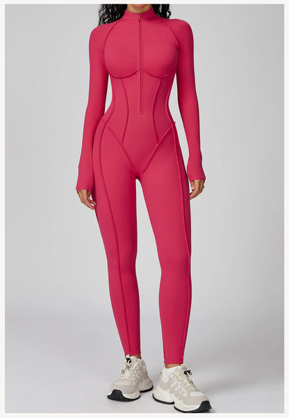 Women's Yoga Bodysuit - Long Sleeve Tracksuit Gym Zipper Suit, Breathable Fitness Jumpsuit - ZOOMNSTORE