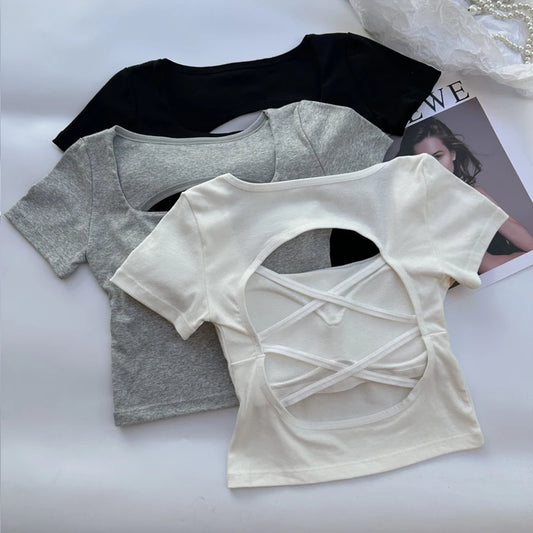 Womens Backless Crop Top - Square Neck Short Sleeve Tee with Built-in Bra - ZOOMNSTORE