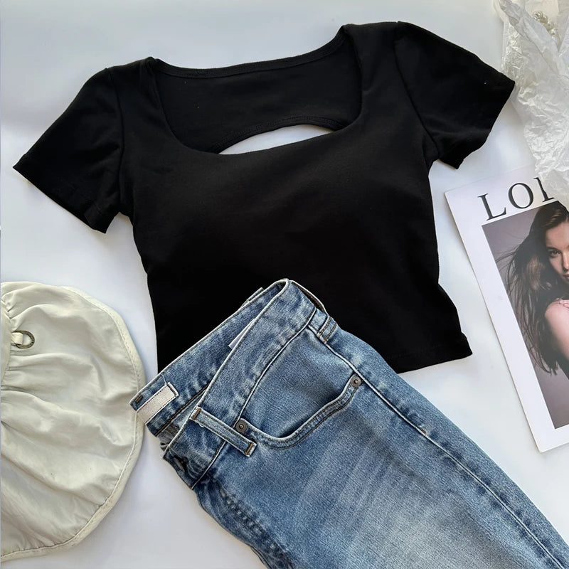 Womens Backless Crop Top - Square Neck Short Sleeve Tee with Built-in Bra - ZOOMNSTORE