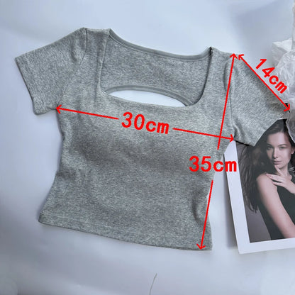 Womens Backless Crop Top - Square Neck Short Sleeve Tee with Built-in Bra - ZOOMNSTORE