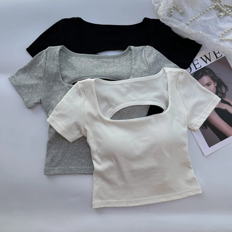 Womens Backless Crop Top - Square Neck Short Sleeve Tee with Built-in Bra - ZOOMNSTORE