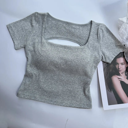 Womens Backless Crop Top - Square Neck Short Sleeve Tee with Built-in Bra - ZOOMNSTORE