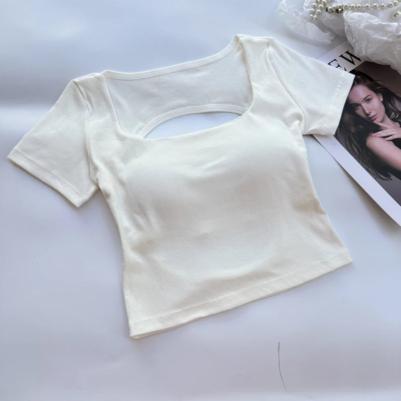 Womens Backless Crop Top - Square Neck Short Sleeve Tee with Built-in Bra - ZOOMNSTORE