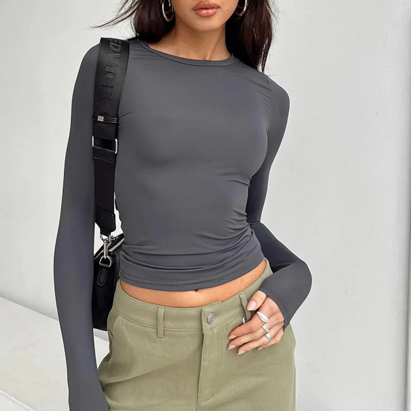 Womens Casual Long Sleeve Slim Fit T-Shirt - Spring Autumn Pullover Tee - ZOOMNSTORE