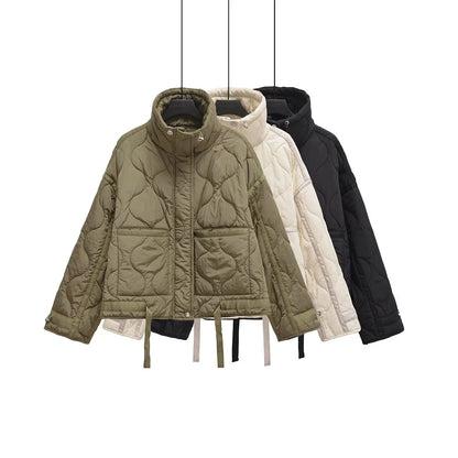 Womens Cotton Jacket - European American Style Winter Zipper Stand Collar Loose Fit - ZOOMNSTORE