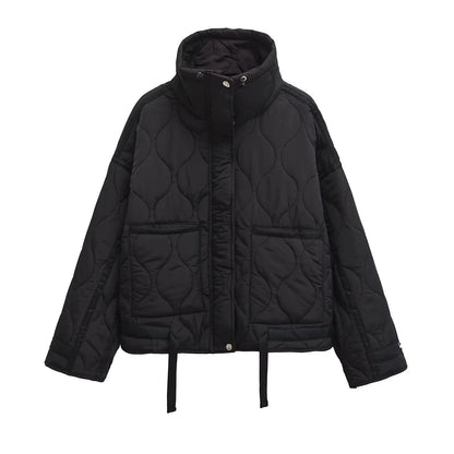 Womens Cotton Jacket - European American Style Winter Zipper Stand Collar Loose Fit - ZOOMNSTORE