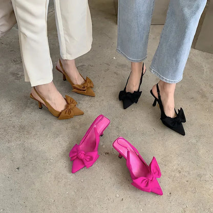 Womens Heeled Slingback Sandals - Elegant Bow-knot Dress Pumps - ZOOMNSTORE