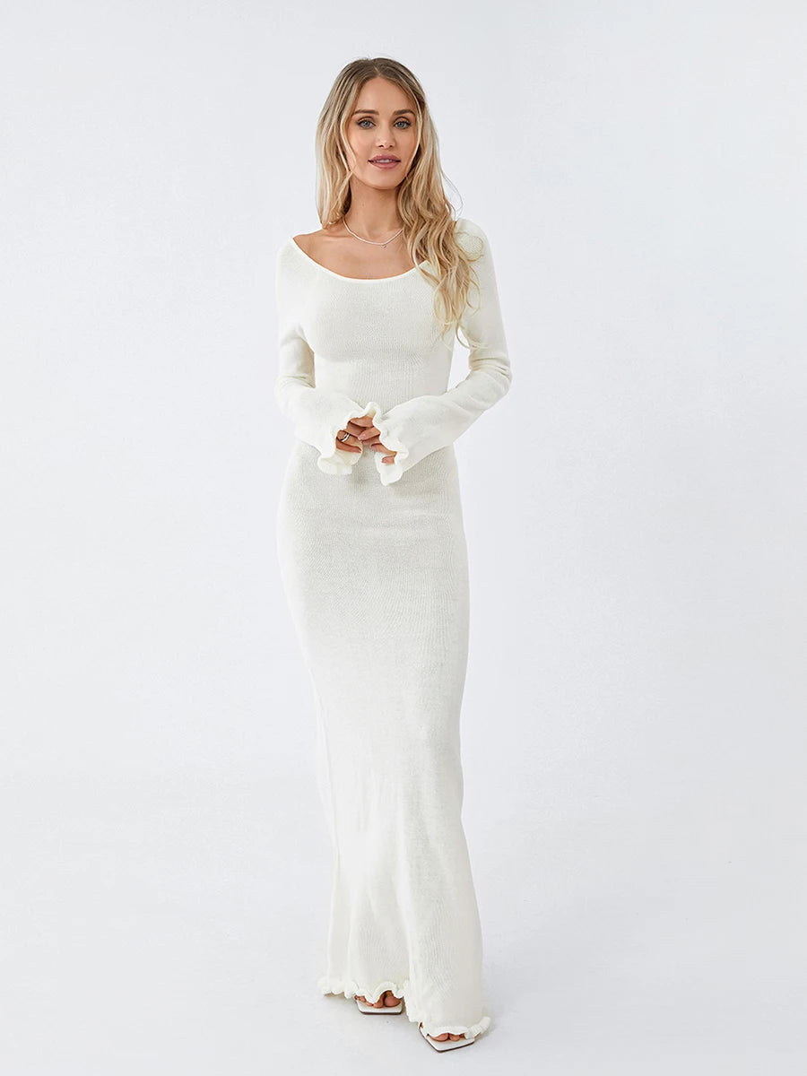 Womens Knitted Bodycon Dress - Long Sleeve Backless Ruffle Trim Beachwear - ZOOMNSTORE