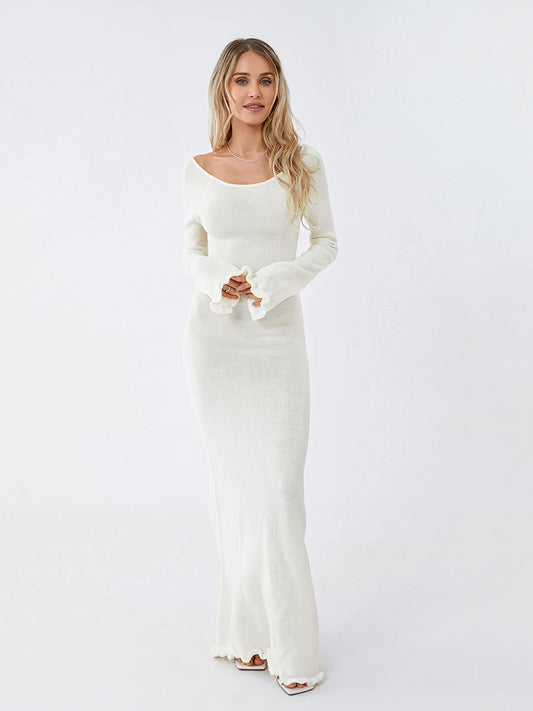 Womens Knitted Bodycon Dress - Long Sleeve Backless Ruffle Trim Beachwear - ZOOMNSTORE