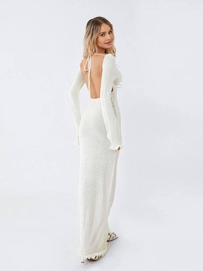 Womens Knitted Bodycon Dress - Long Sleeve Backless Ruffle Trim Beachwear - ZOOMNSTORE
