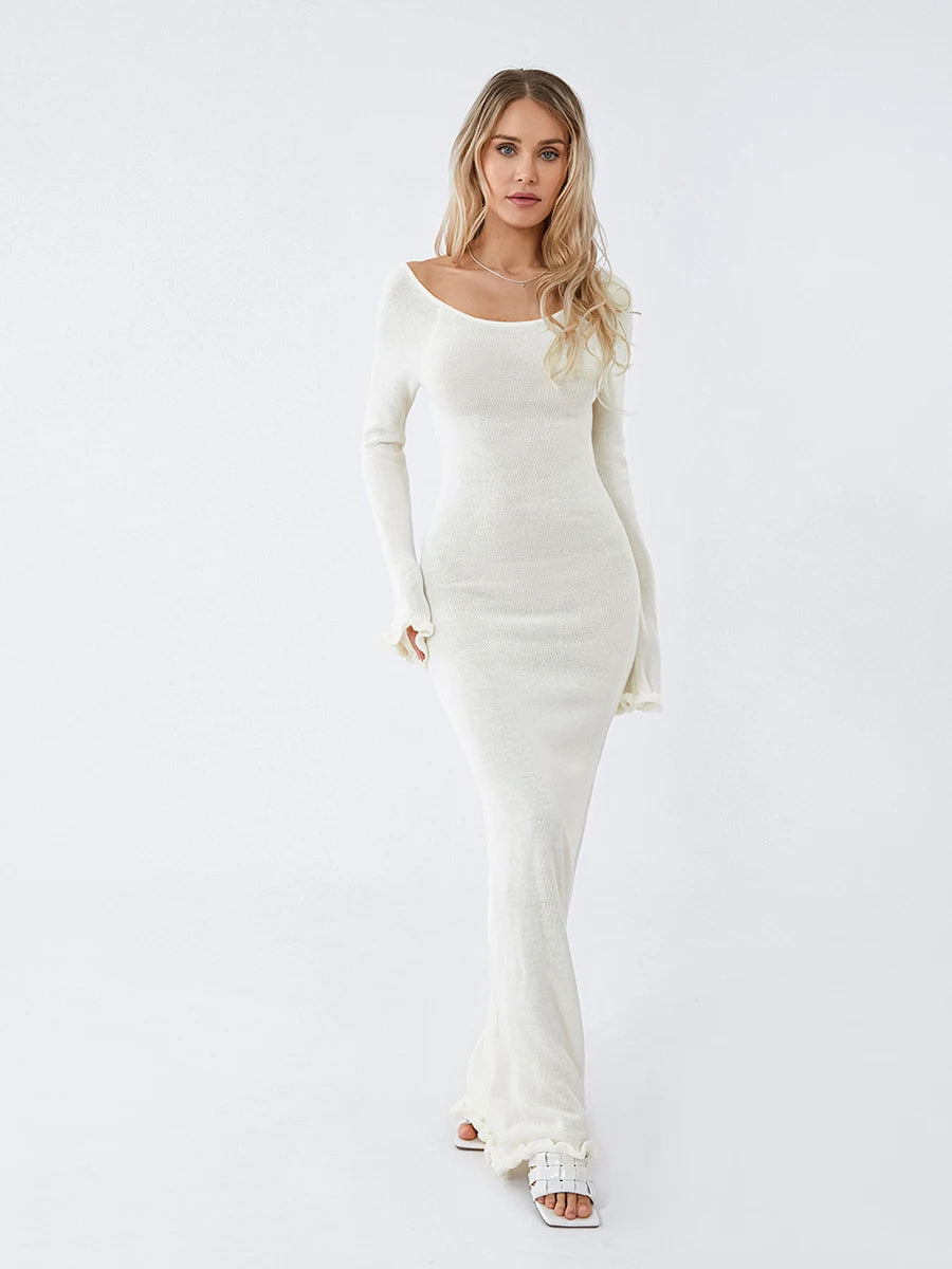 Womens Knitted Bodycon Dress - Long Sleeve Backless Ruffle Trim Beachwear - ZOOMNSTORE
