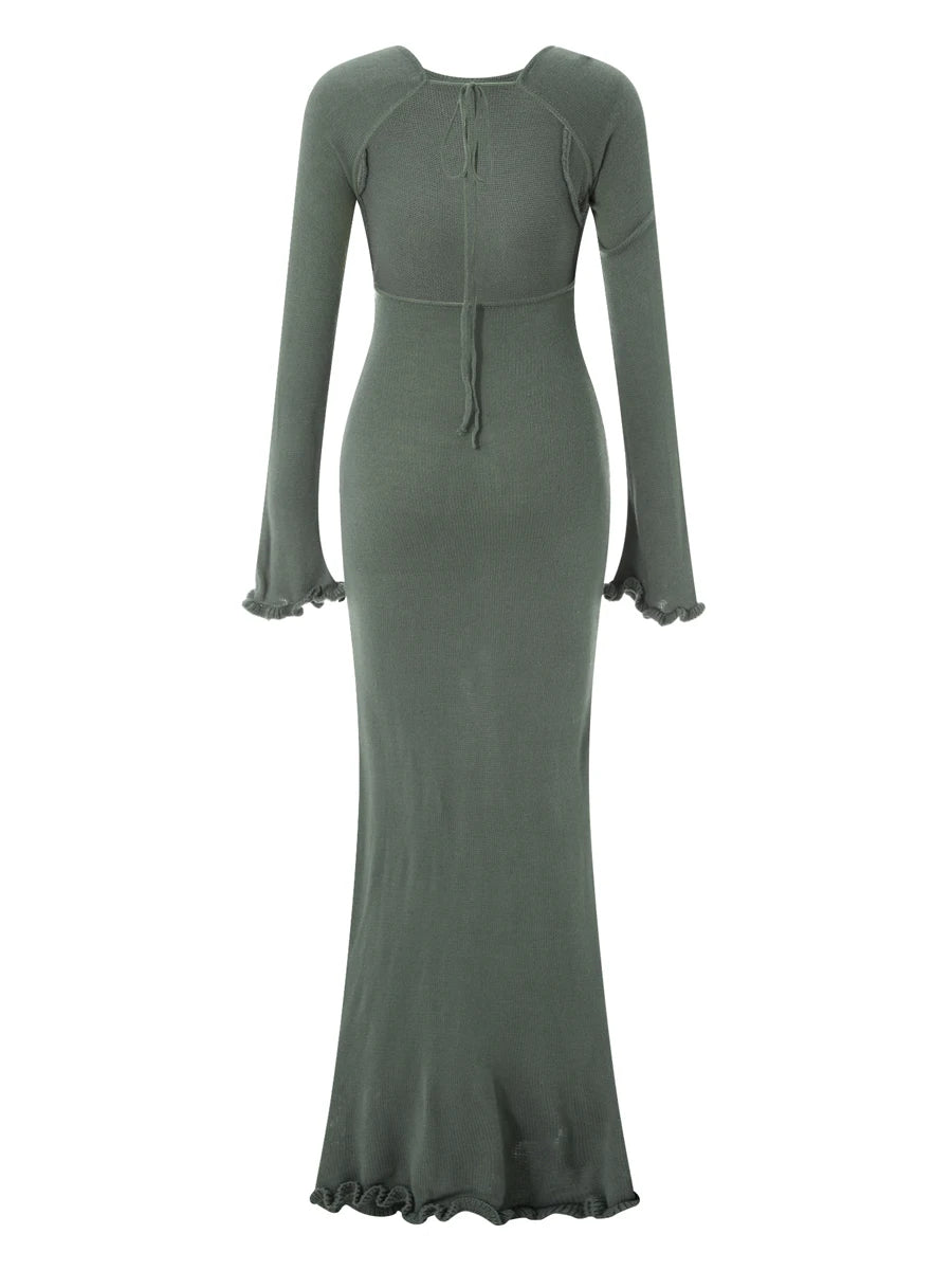 Womens Knitted Bodycon Dress - Long Sleeve Backless Ruffle Trim Beachwear - ZOOMNSTORE