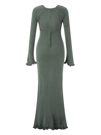 Womens Knitted Bodycon Dress - Long Sleeve Backless Ruffle Trim Beachwear - ZOOMNSTORE