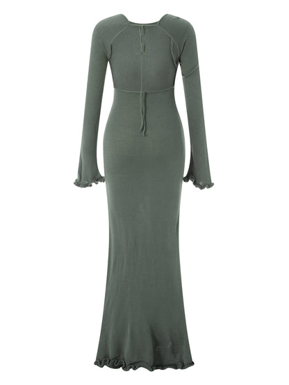 Womens Knitted Bodycon Dress - Long Sleeve Backless Ruffle Trim Beachwear - ZOOMNSTORE
