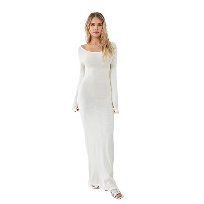 Womens Knitted Bodycon Dress - Long Sleeve Backless Ruffle Trim Beachwear - ZOOMNSTORE