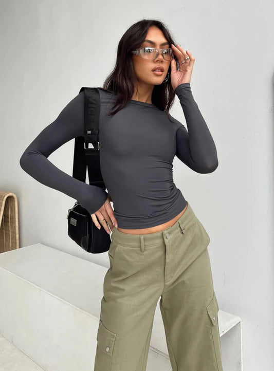 Womens Long Sleeve Slim Fit T-Shirt - Basic Solid Color Pullover for Spring  Autumn - ZOOMNSTORE
