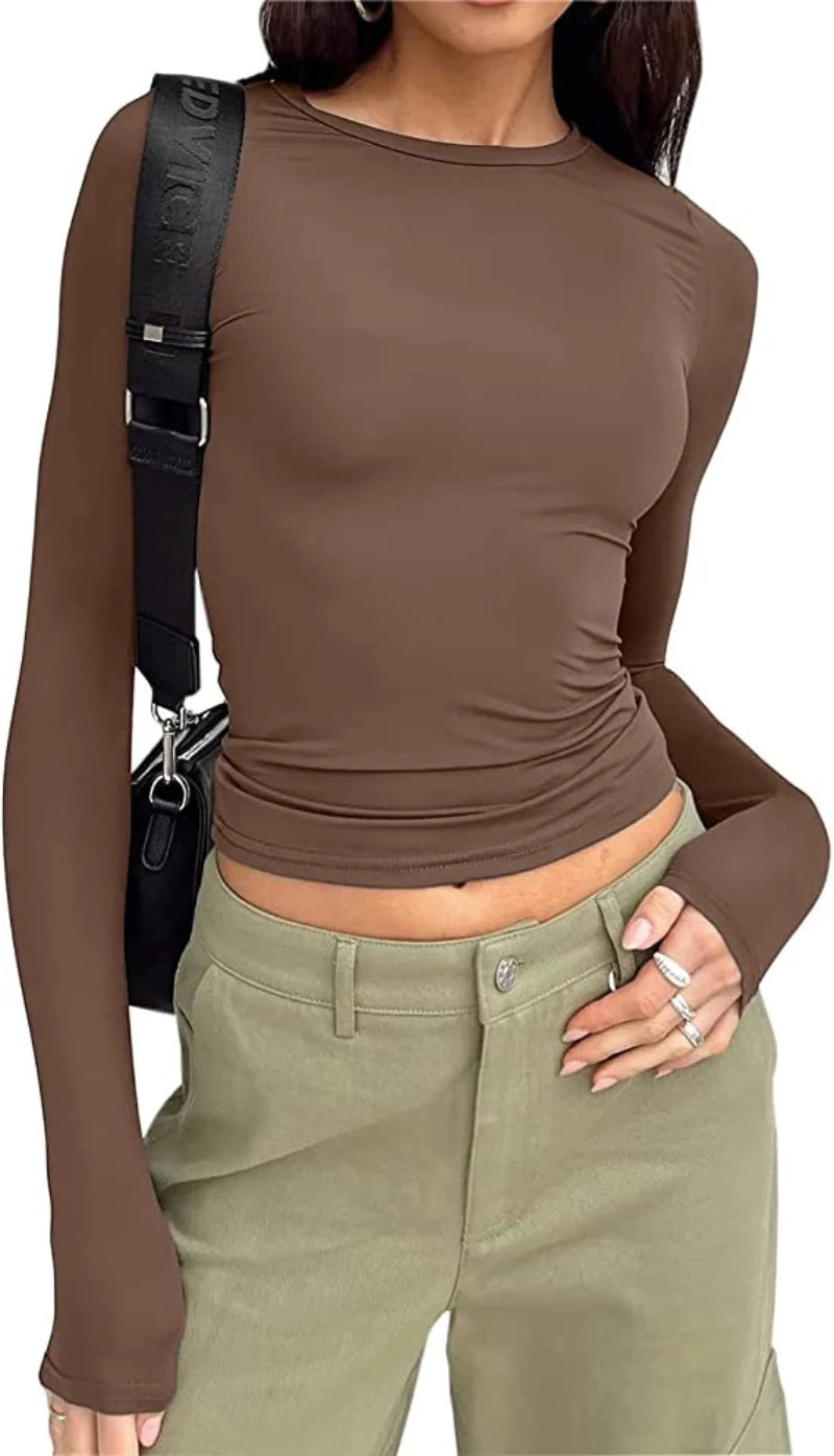 Womens Long Sleeve Slim Fit T-Shirt - Basic Solid Color Pullover for Spring  Autumn - ZOOMNSTORE