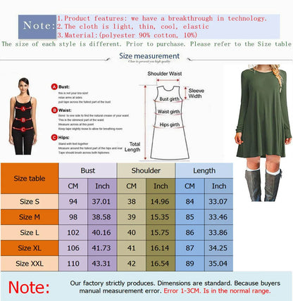 Womens Long Sleeve Swing Dress - Casual Solid Color Round Neck Autumn Winter - ZOOMNSTORE