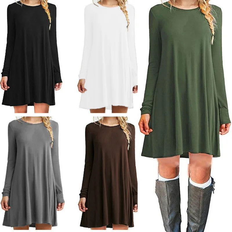 Womens Long Sleeve Swing Dress - Casual Solid Color Round Neck Autumn Winter - ZOOMNSTORE
