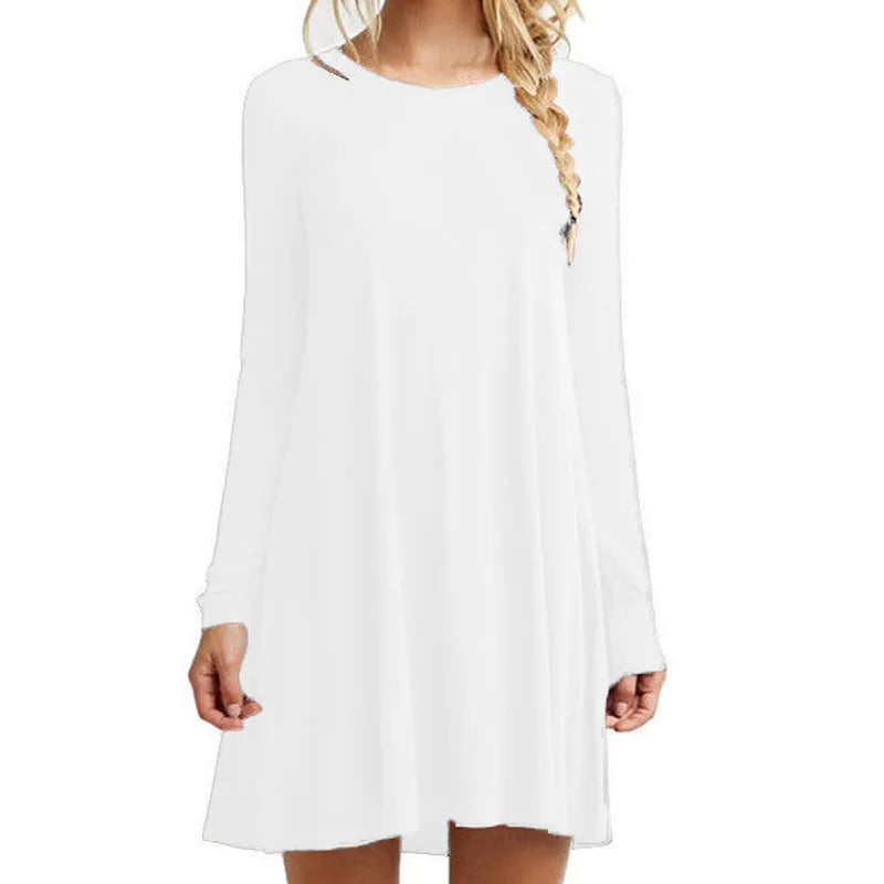 Womens Long Sleeve Swing Dress - Casual Solid Color Round Neck Autumn Winter - ZOOMNSTORE