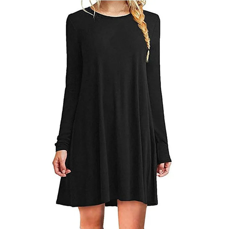 Womens Long Sleeve Swing Dress - Casual Solid Color Round Neck Autumn Winter - ZOOMNSTORE