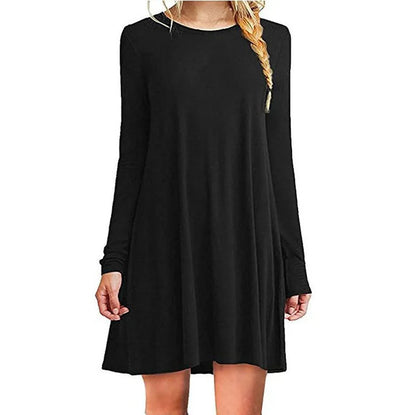 Womens Long Sleeve Swing Dress - Casual Solid Color Round Neck Autumn Winter - ZOOMNSTORE
