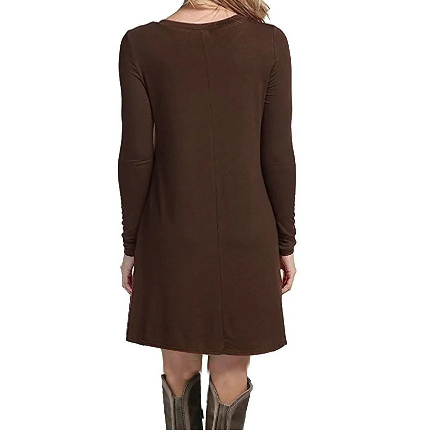 Womens Long Sleeve Swing Dress - Casual Solid Color Round Neck Autumn Winter - ZOOMNSTORE