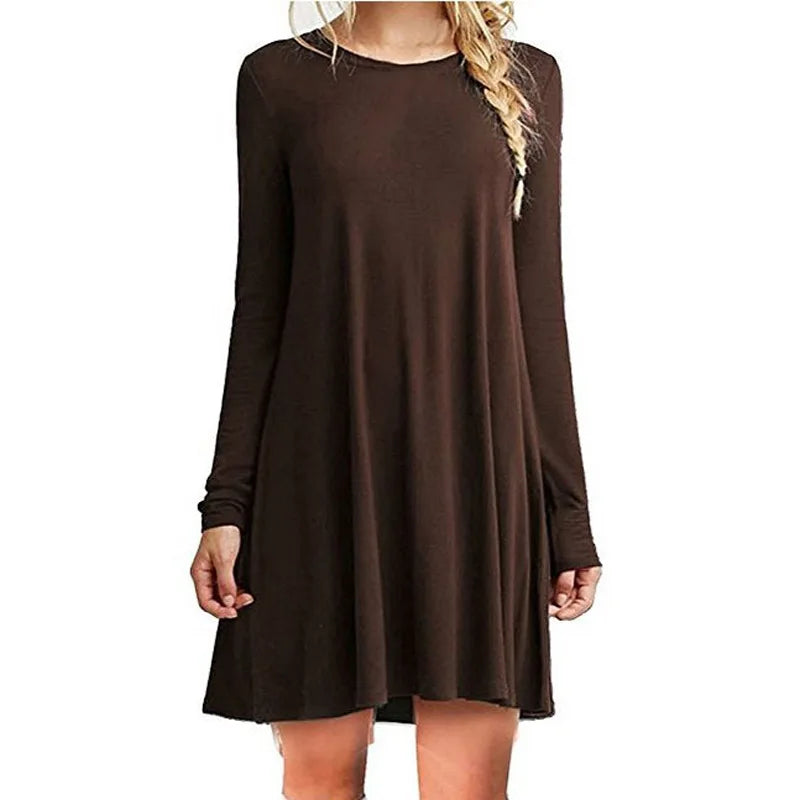 Womens Long Sleeve Swing Dress - Casual Solid Color Round Neck Autumn Winter - ZOOMNSTORE