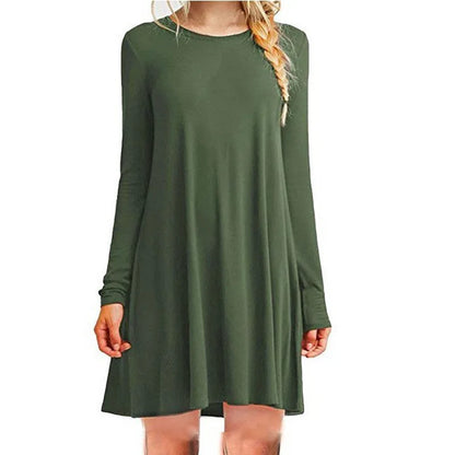 Womens Long Sleeve Swing Dress - Casual Solid Color Round Neck Autumn Winter - ZOOMNSTORE