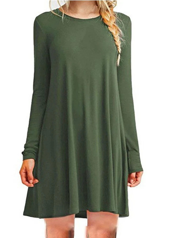 Womens Long Sleeve Swing Dress - Casual Solid Color Round Neck Autumn Winter - ZOOMNSTORE