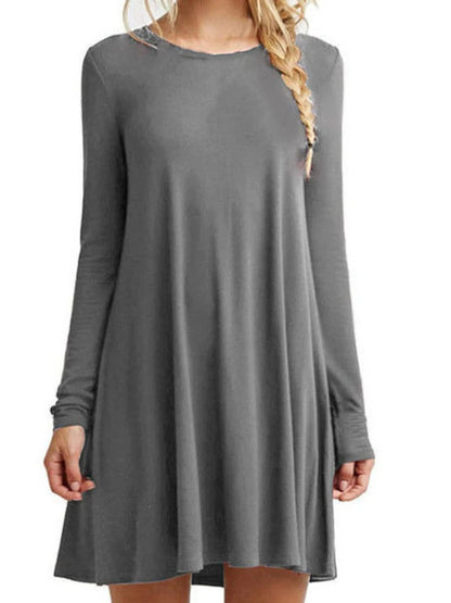 Womens Long Sleeve Swing Dress - Casual Solid Color Round Neck Autumn Winter - ZOOMNSTORE