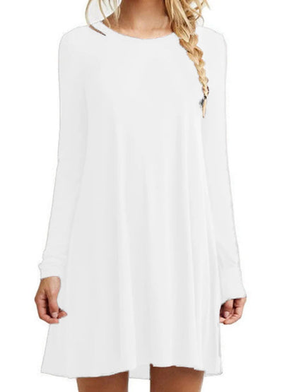 Womens Long Sleeve Swing Dress - Casual Solid Color Round Neck Autumn Winter - ZOOMNSTORE
