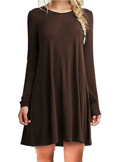 Womens Long Sleeve Swing Dress - Casual Solid Color Round Neck Autumn Winter - ZOOMNSTORE